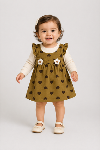 Baby girl wearing Featherhead Girls Cotton Interlock Corduroy Style Frock FG-5623 in mustard heart print