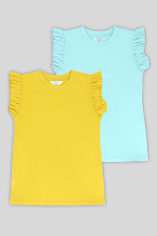 2-pack tanktops in yellow and blue with ruffle sleeves
