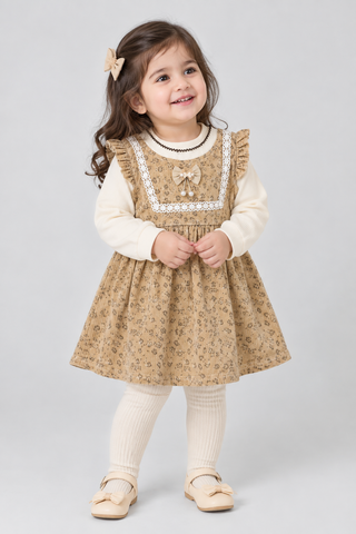 Light Brown Printed Corduroy Frock - FG-5659