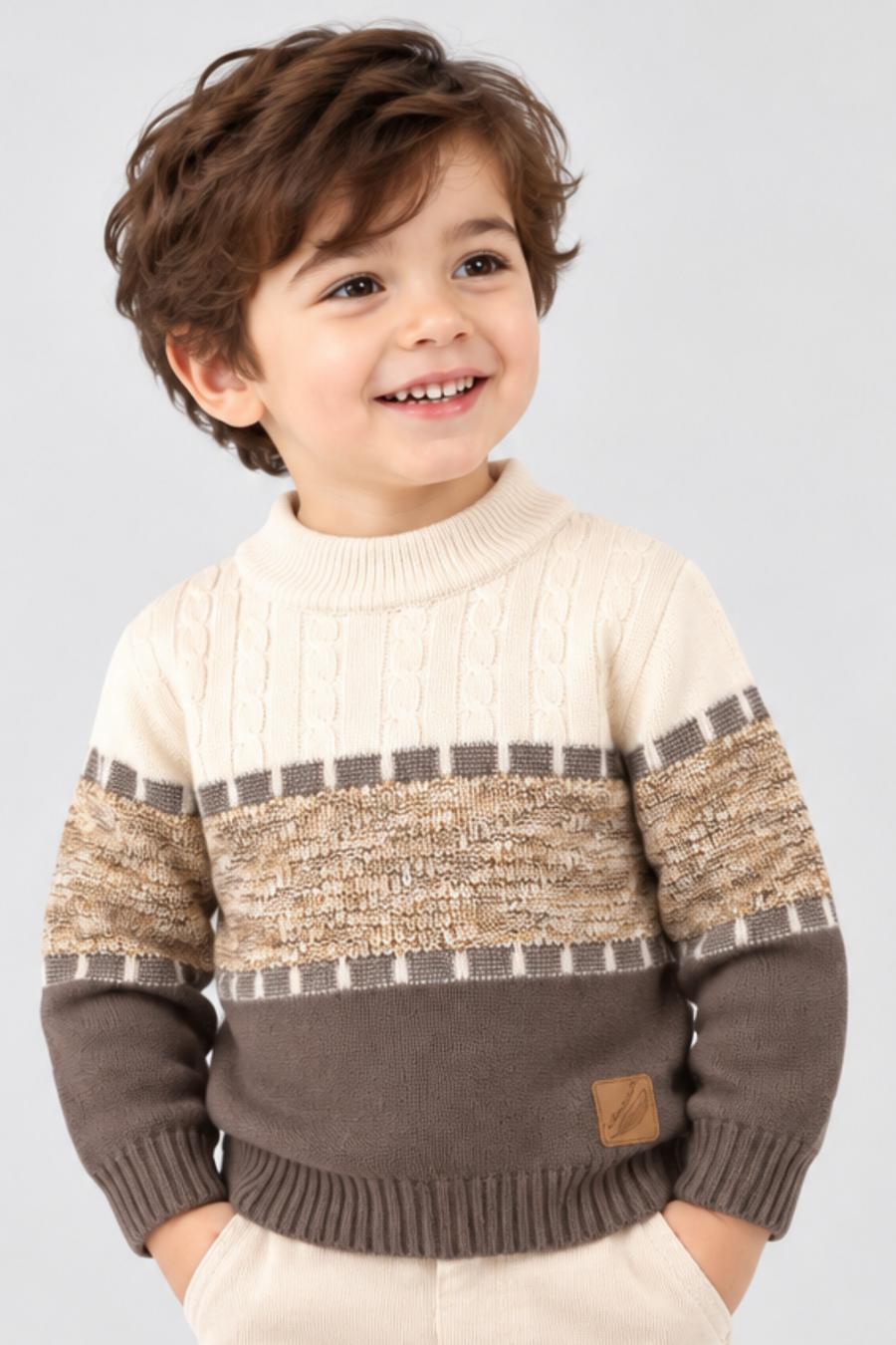 White, Mocha Brown Classic Heritage Cable Knit Sweater - FB-4291