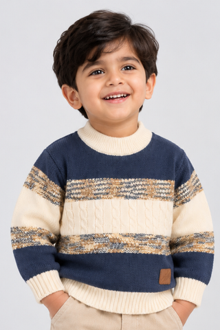 Navy Blue & Ivory Cream Classic Mélange Cable Knit Sweater - FB-4311