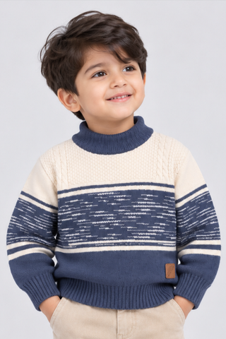 Ivory Cream & Navy Blue Classic Contrast Knit Sweater - FB-4316