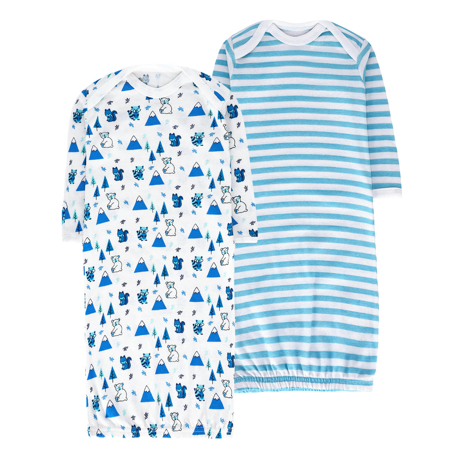 FS-505 2PK baby cotton gowns – blue mountains and stripes by Featherhead