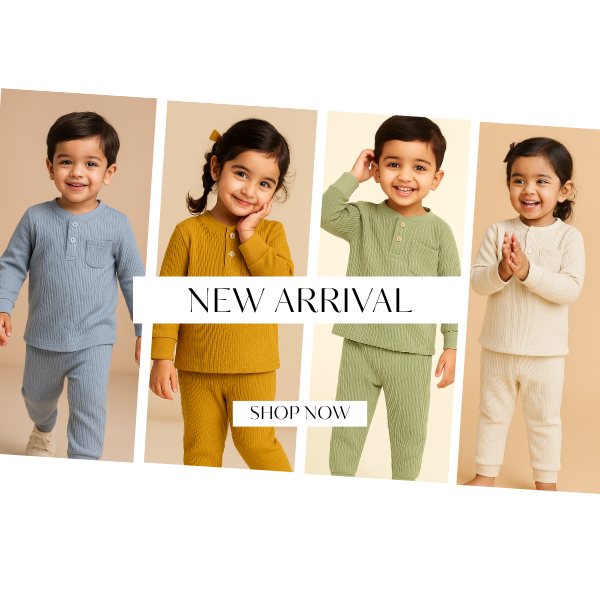 Four kids wearing thermal loungewear sets in blue, mustard, green, and cream – New arrival kids clothing Pakistan – baby & toddler thermal loungewear sets