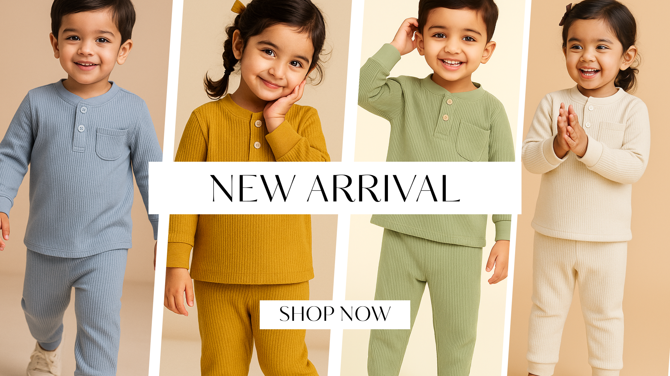 Four kids wearing thermal loungewear sets in blue, mustard, green, and cream – New arrival kids clothing Pakistan – baby & toddler thermal loungewear sets