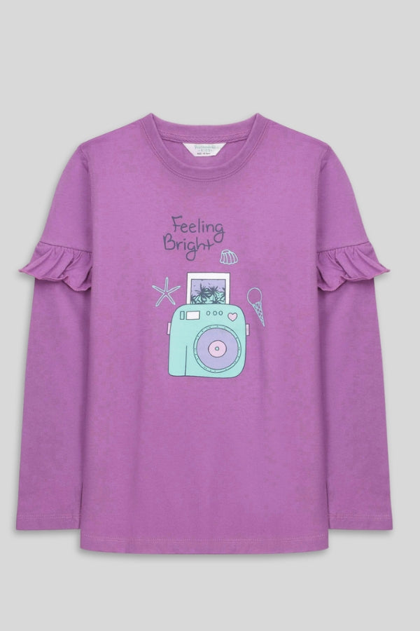 Purple girls T-shirt with “Feeling Bright” camera print