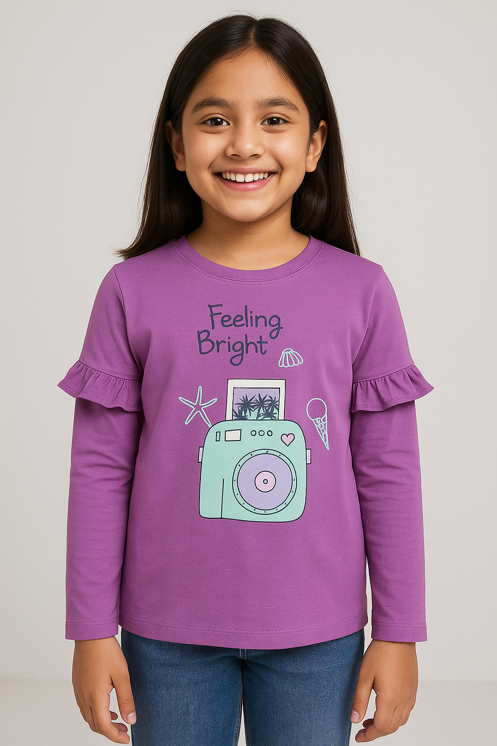 Girl wearing purple T-shirt with ruffled sleeves and camera graphic