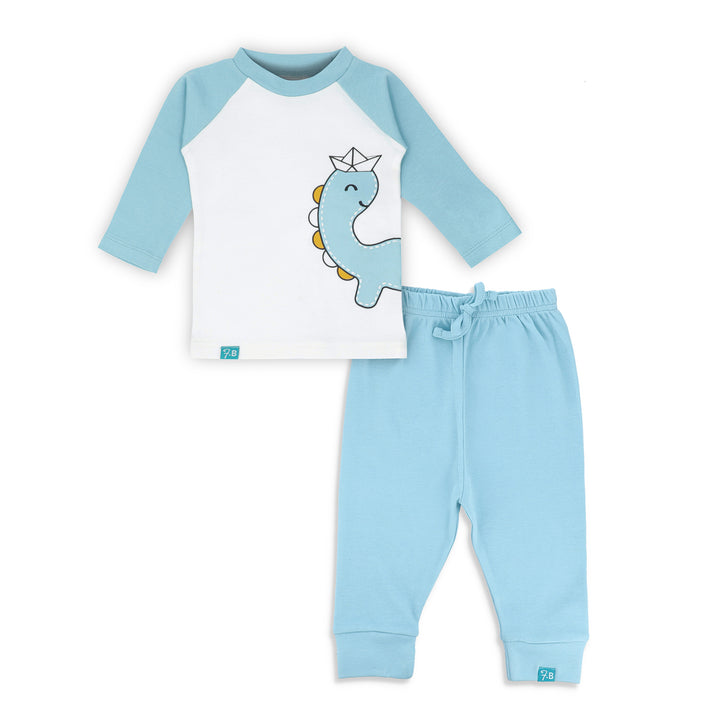 FB-3003 White Dinosaur Shirt & Canal Blue Pants - Featherhead Baby