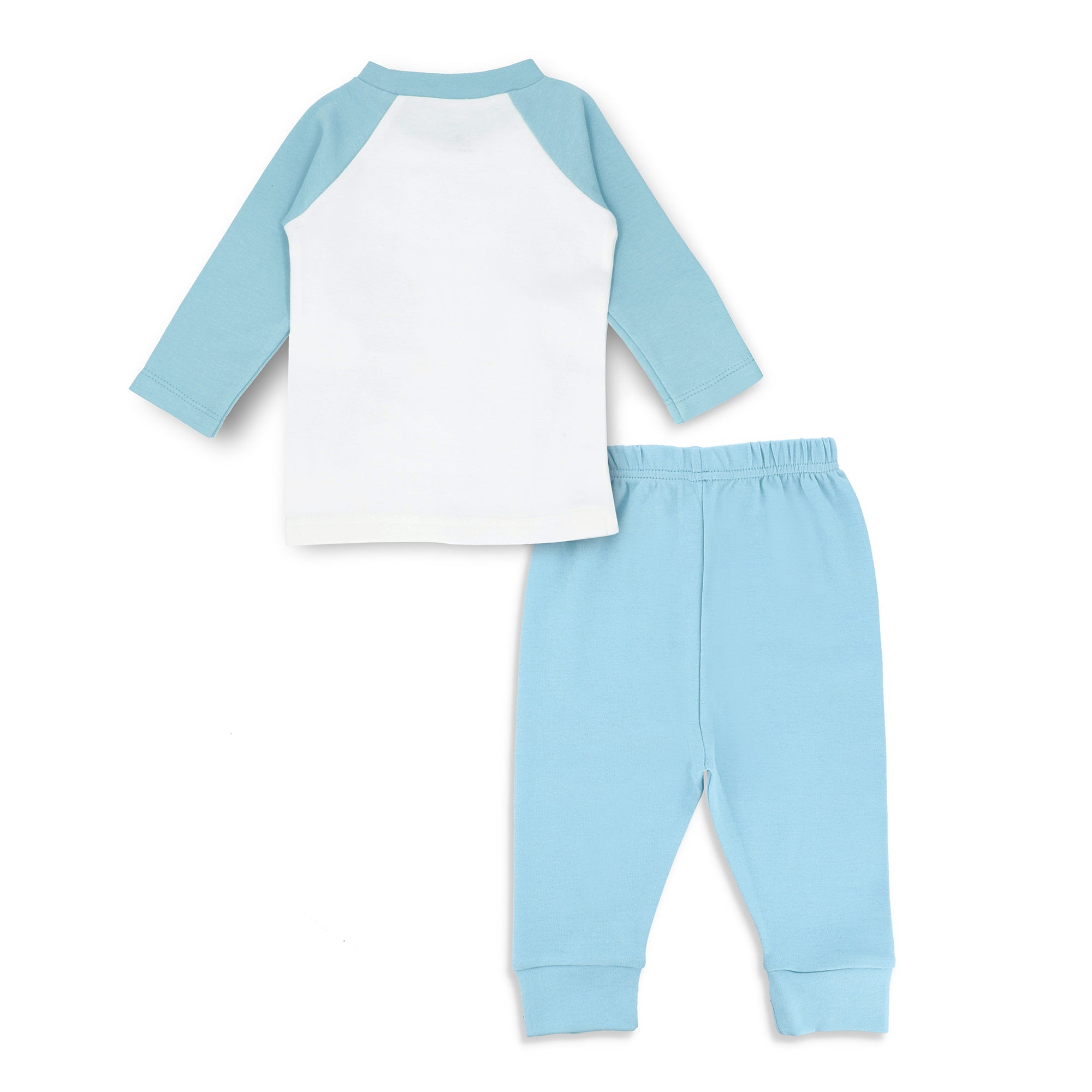 FB-3003 White Dinosaur Shirt & Canal Blue Pants - Featherhead Baby
