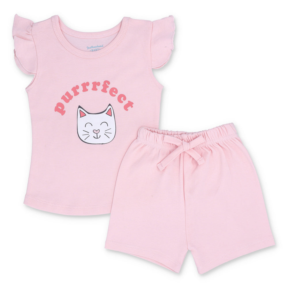 FG-3002 Pink Purrfect 2-Piece Flutter Sleeves Top & Bloomer Shorts - Featherhead Baby