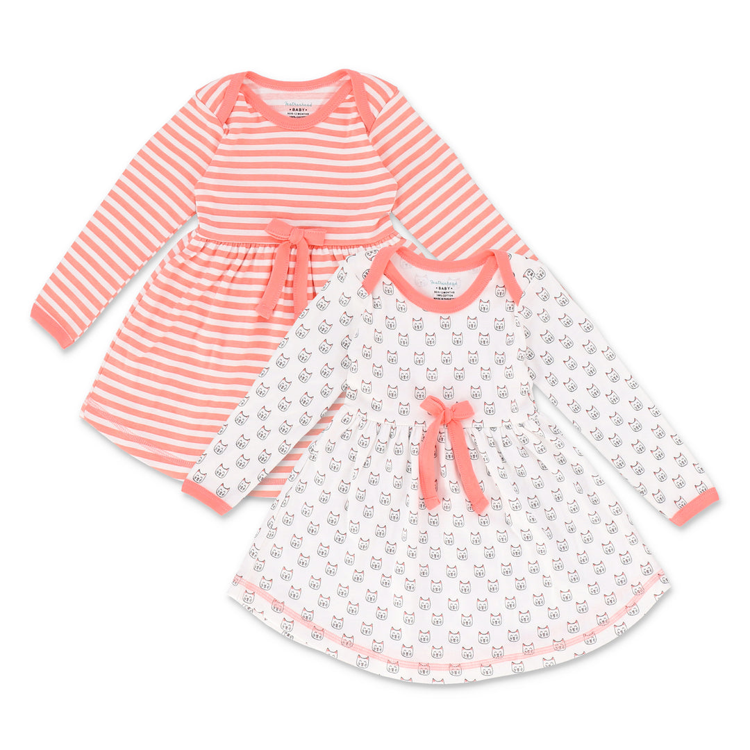 FG-6004 Pink Stripe & White Cats 2-PK Full Sleeves Dress - Featherhead Baby