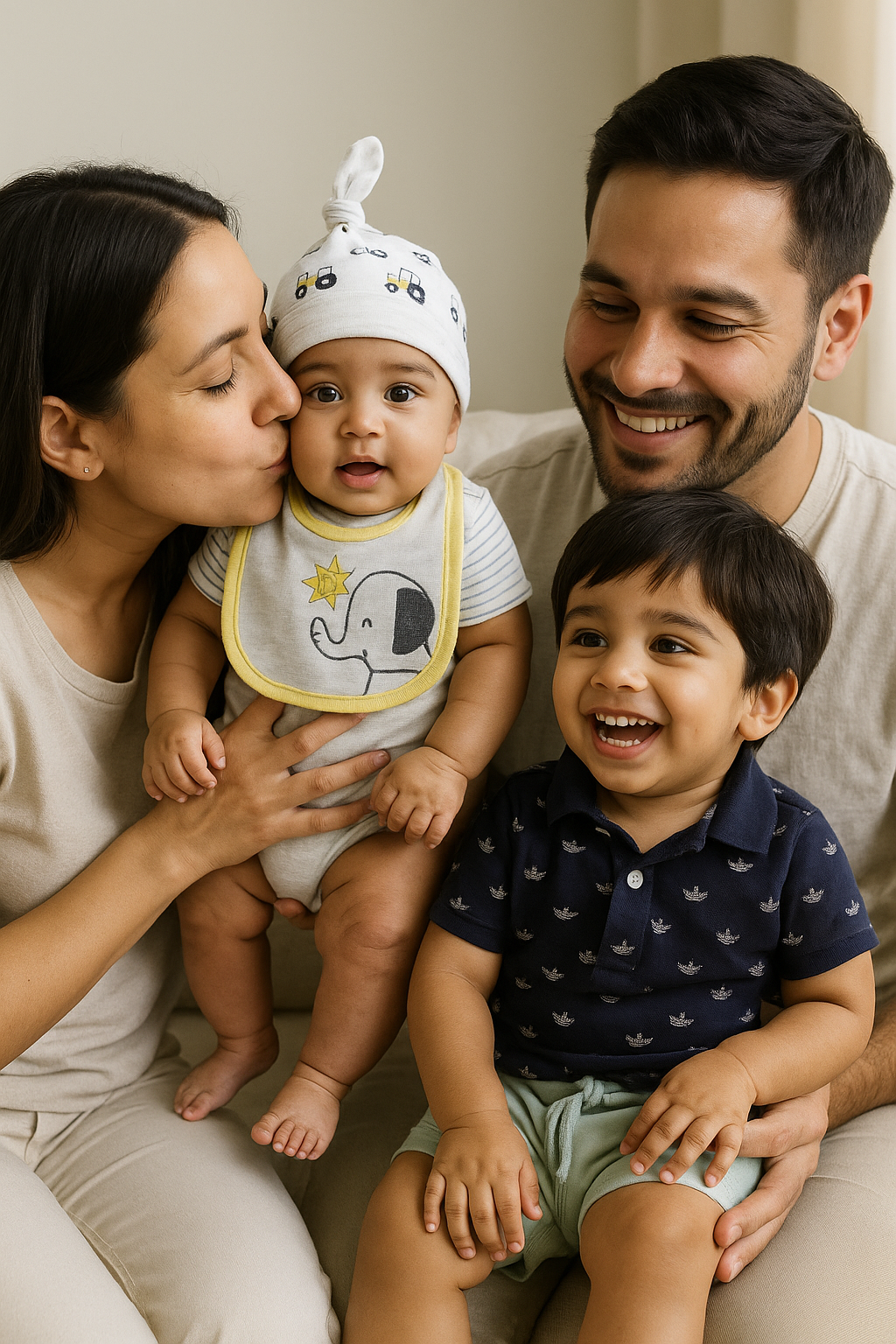 Happy parents with baby and toddler wearing Featherhead Baby 100% cotton clothing in Pakistan – family lifestyle photo