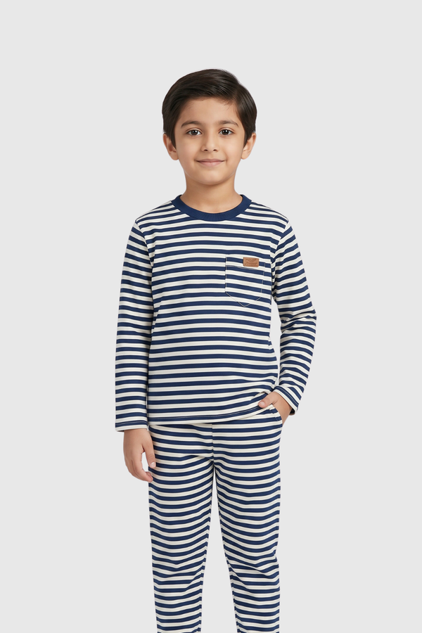 Boy wearing Featherhead Boys Cotton Interlock Top & Bottom Set FS-0074 with navy striped design