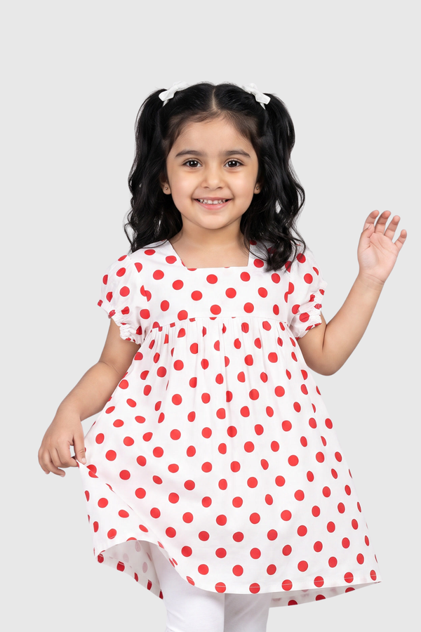 Girl wearing Featherhead Girls Cotton Puff Sleeves Dress FB-5593 in red polka dot print
