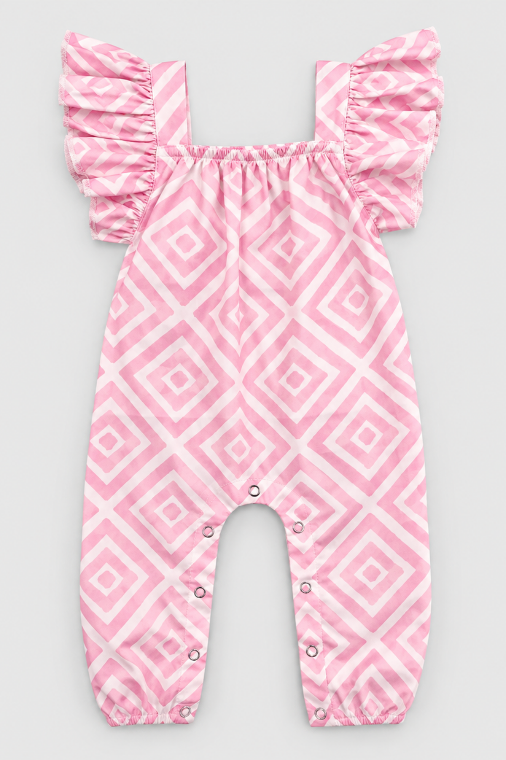 Baby girls pink geometric print 100% cotton ruffle strap romper FB-5035 by Featherhead Pakistan