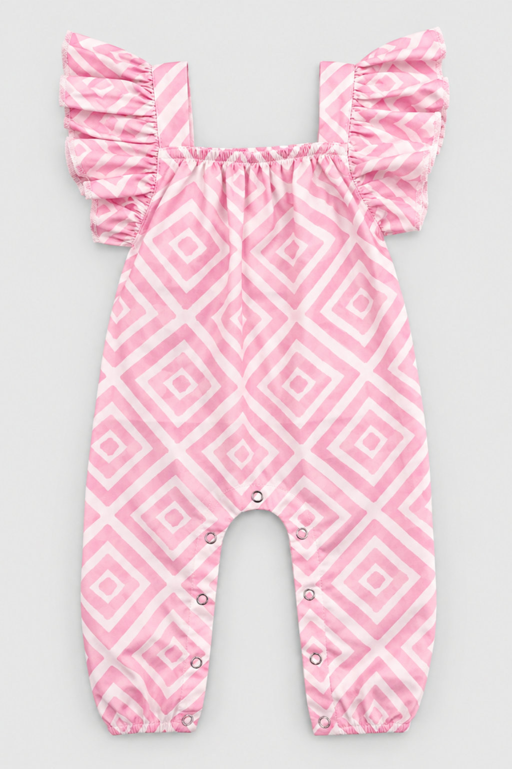 Baby girls pink geometric print 100% cotton ruffle strap romper FB-5035 by Featherhead Pakistan