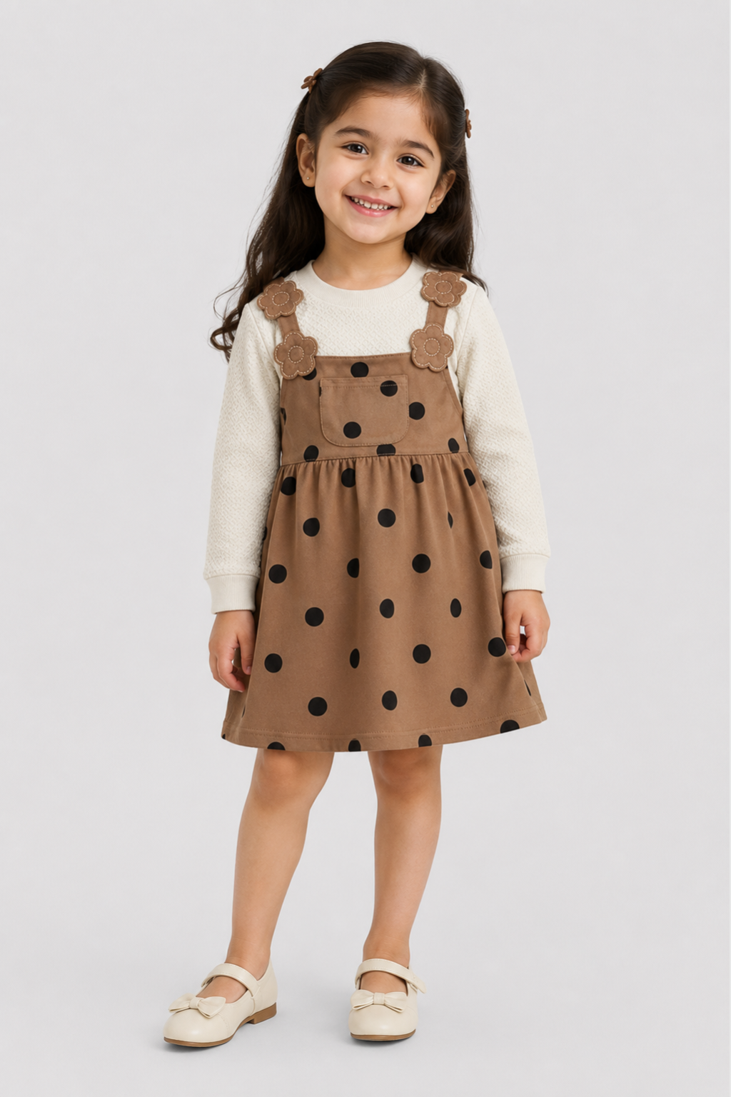 Little girl wearing Featherhead Girls Cotton Interlock Corduroy Style Frock FG-5627 with beige polka dot design