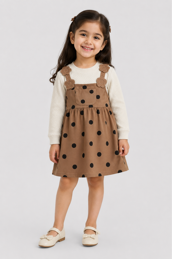 Little girl wearing Featherhead Girls Cotton Interlock Corduroy Style Frock FG-5627 with beige polka dot design