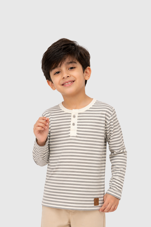 Boy wearing Featherhead Boys Cotton Henley T-Shirt FS-0057 with beige and white striped design