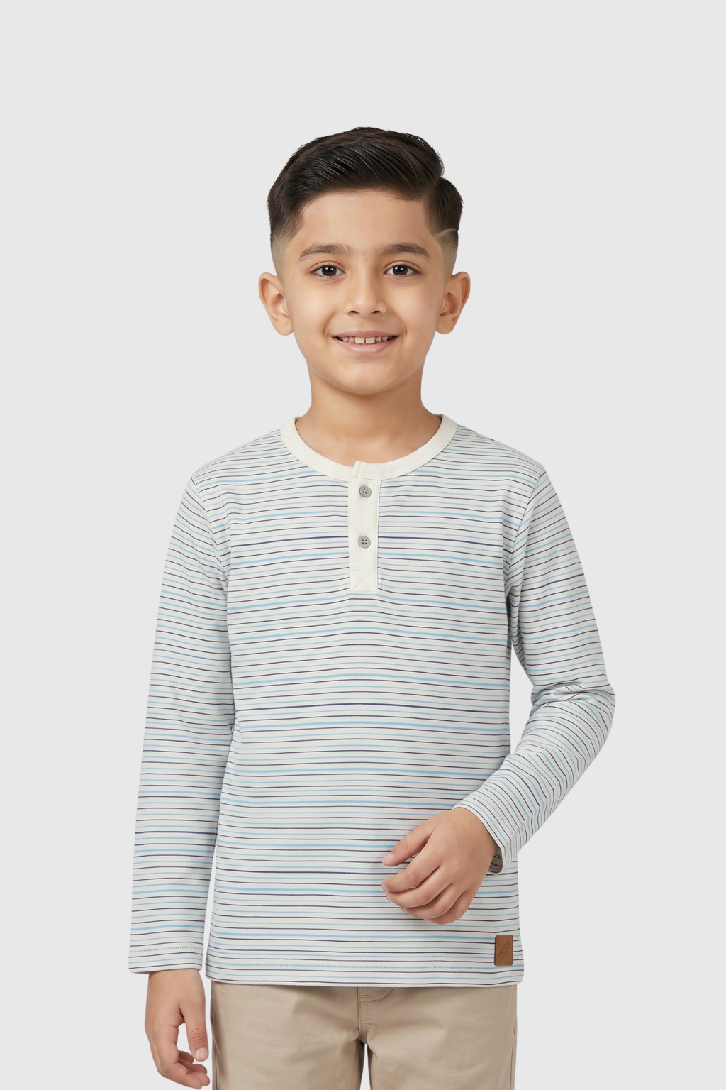 Boy wearing Featherhead Boys Cotton Henley T-Shirt FS-0051 in light blue and white striped cotton