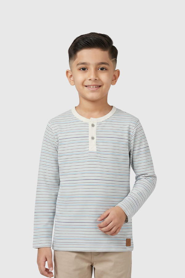 Boy wearing Featherhead Boys Cotton Henley T-Shirt FS-0051 in light blue and white striped cotton