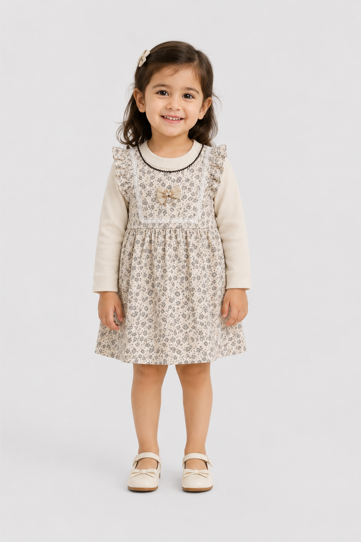 Little girl wearing Featherhead Girls Cotton Interlock Floral Frock FG-5631 with elegant floral print