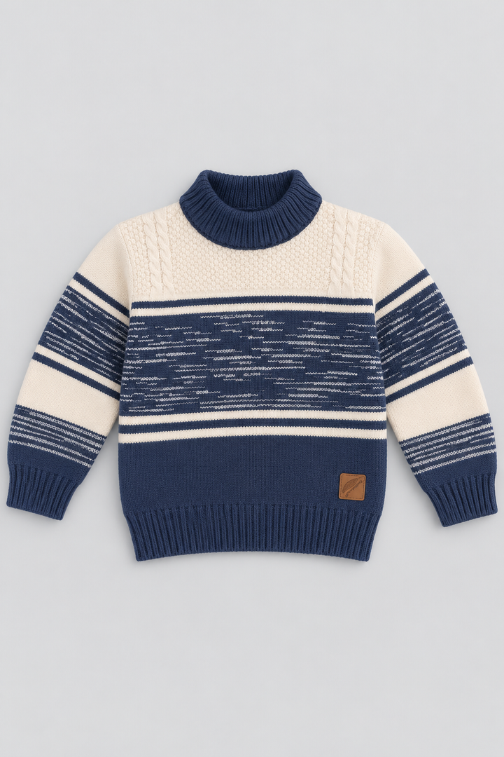 Ivory Cream & Navy Blue Classic Contrast Knit Sweater - FB-4316