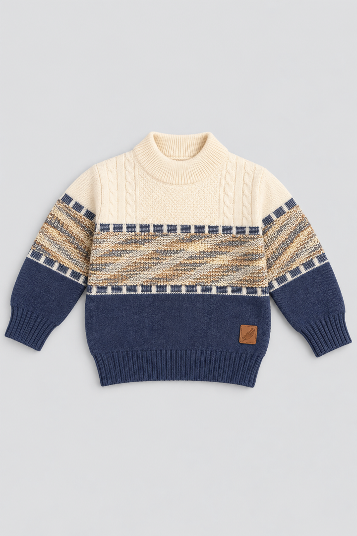 Blue Beige Mélange Winter Mélange Cable Knit Sweater - FB-4306