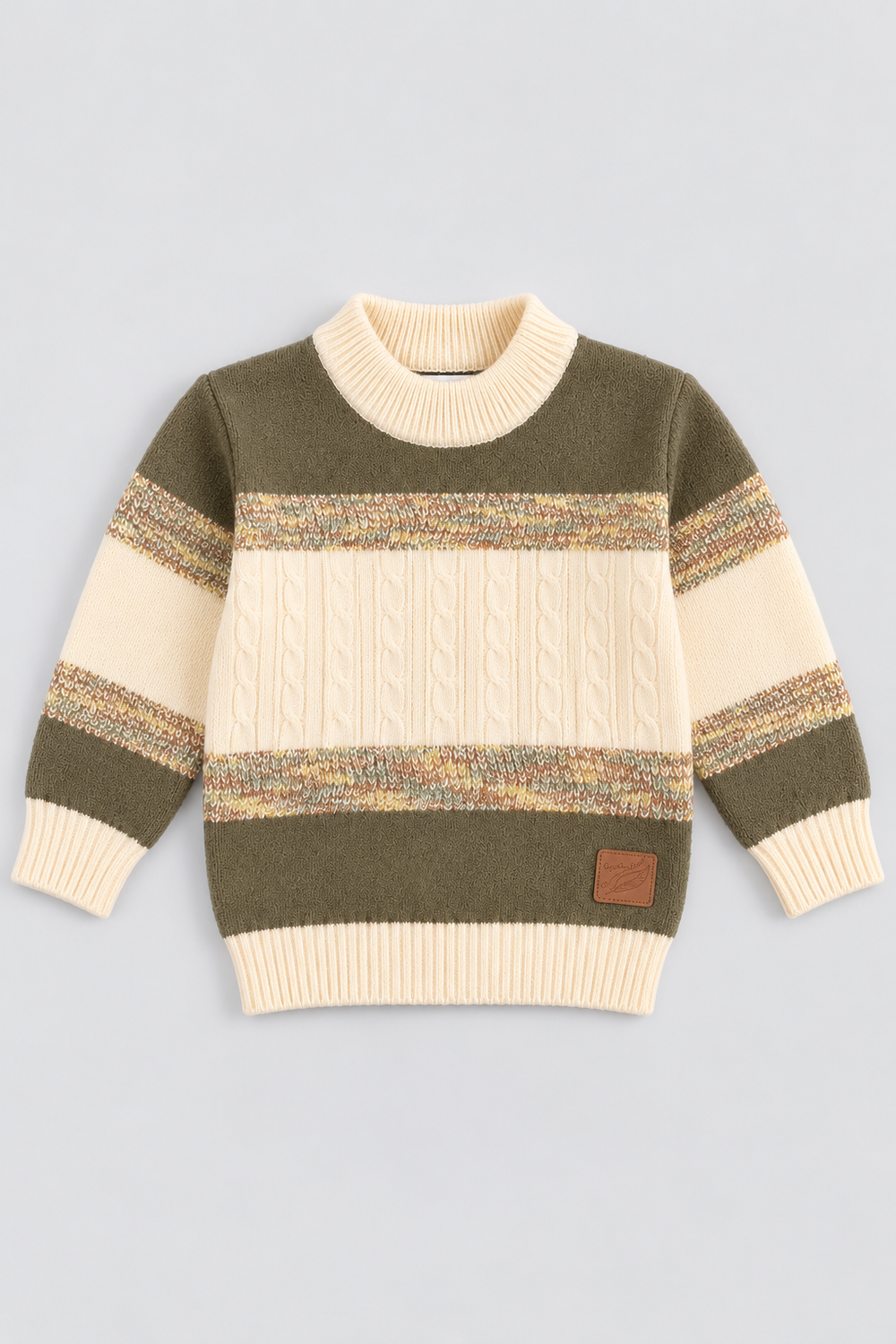 Boys olive brown and cream woodland cable knit sweater FB-4281 by Featherhead Pakistan front view