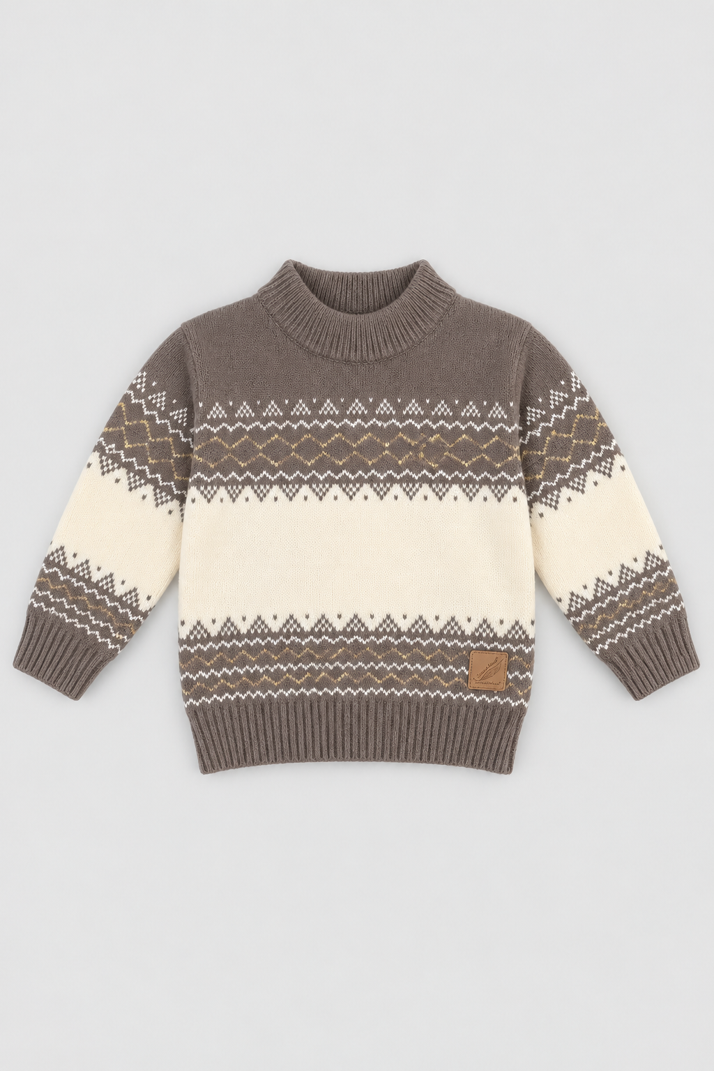 Mocha brown and cream Nordic patterned winter knit sweater FB-4247 by Featherhead Pakistan front view