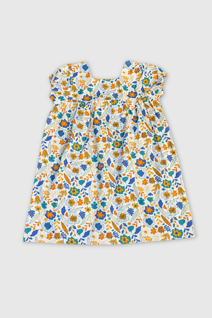Front view of Girls Cotton Floral Puff Sleeves Dress FB-5587 by Featherhead Pakistan