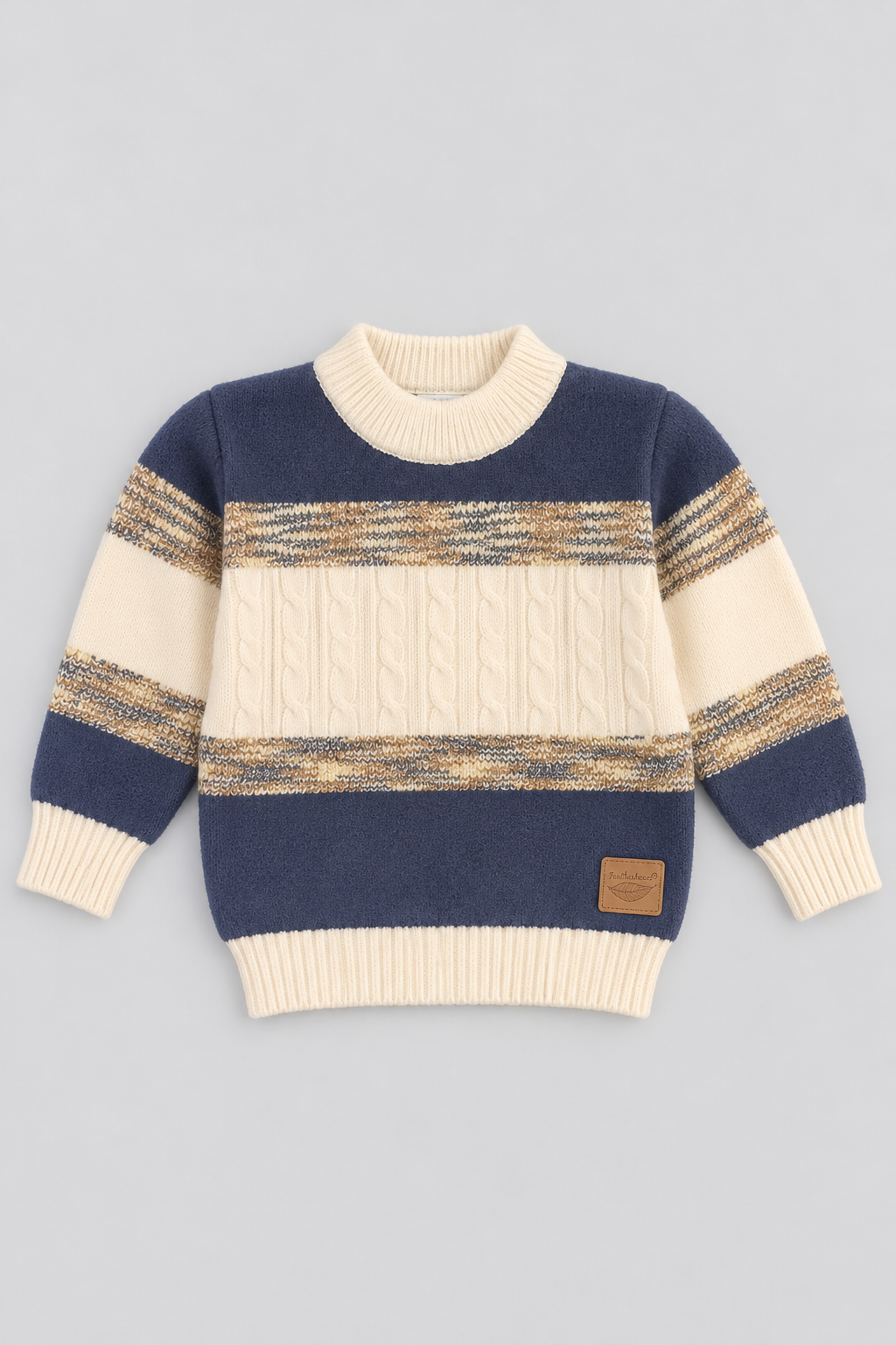 Navy Blue & Ivory Cream Classic Mélange Cable Knit Sweater - FB-4311
