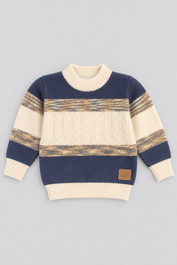 Navy Blue & Ivory Cream Classic Mélange Cable Knit Sweater - FB-4311