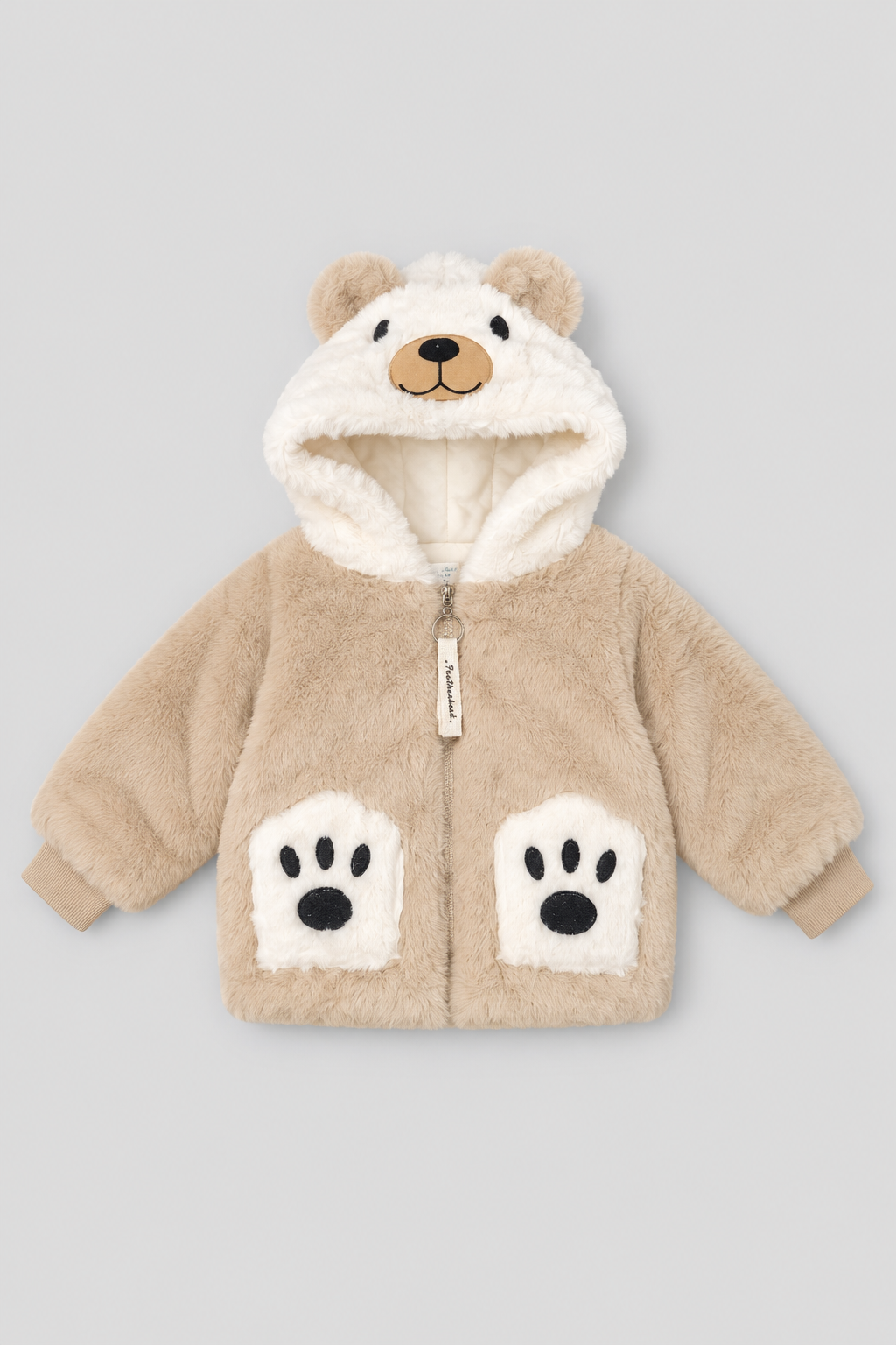 Camel Beige & Ivory White Teddy Paws Fur Zip-Up Hoodie - FB-10795