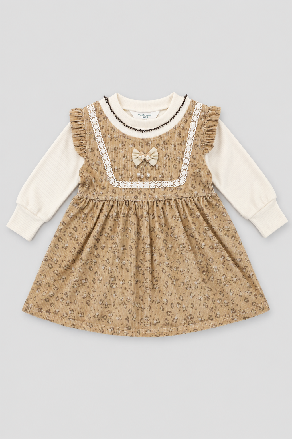 Light Brown Printed Corduroy Frock - FG-5659