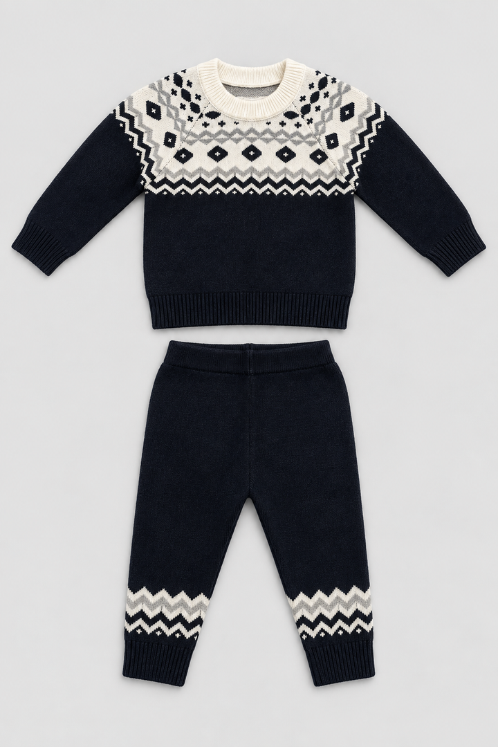 Black Fair Isle Knit Sweater & Trouser Set - FB-4239