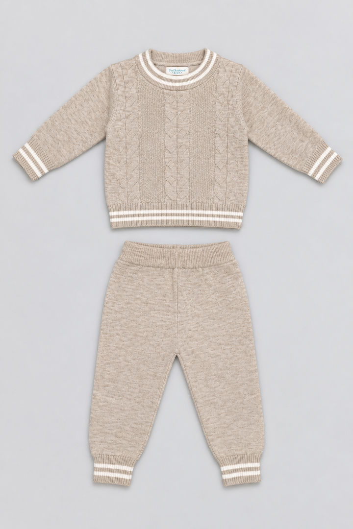 Oatmeal Beige Cable Knit Sweater & Trouser Set - FB-4219