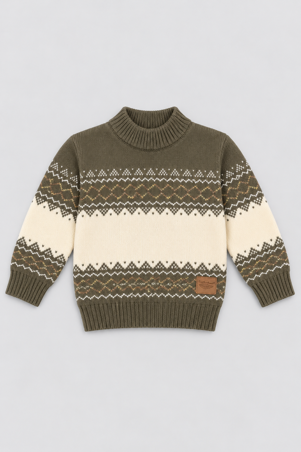 Olive green and cream Nordic patterned knit winter sweater FB-4296 by Featherhead Pakistan front view