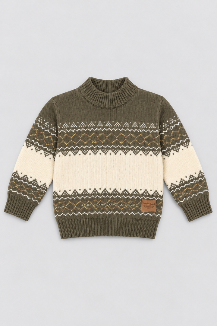 Olive green and cream Nordic patterned knit winter sweater FB-4296 by Featherhead Pakistan front view