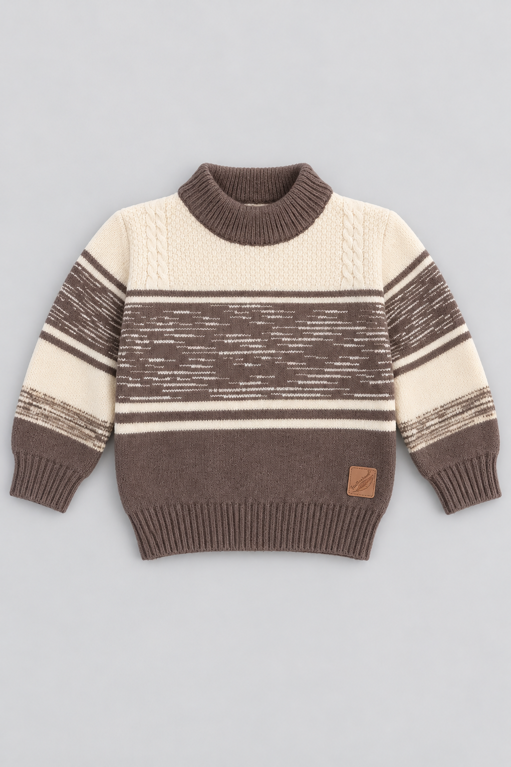 Boys chocolate brown and cream striped knit winter sweater FB-4286 by Featherhead Pakistan front view
