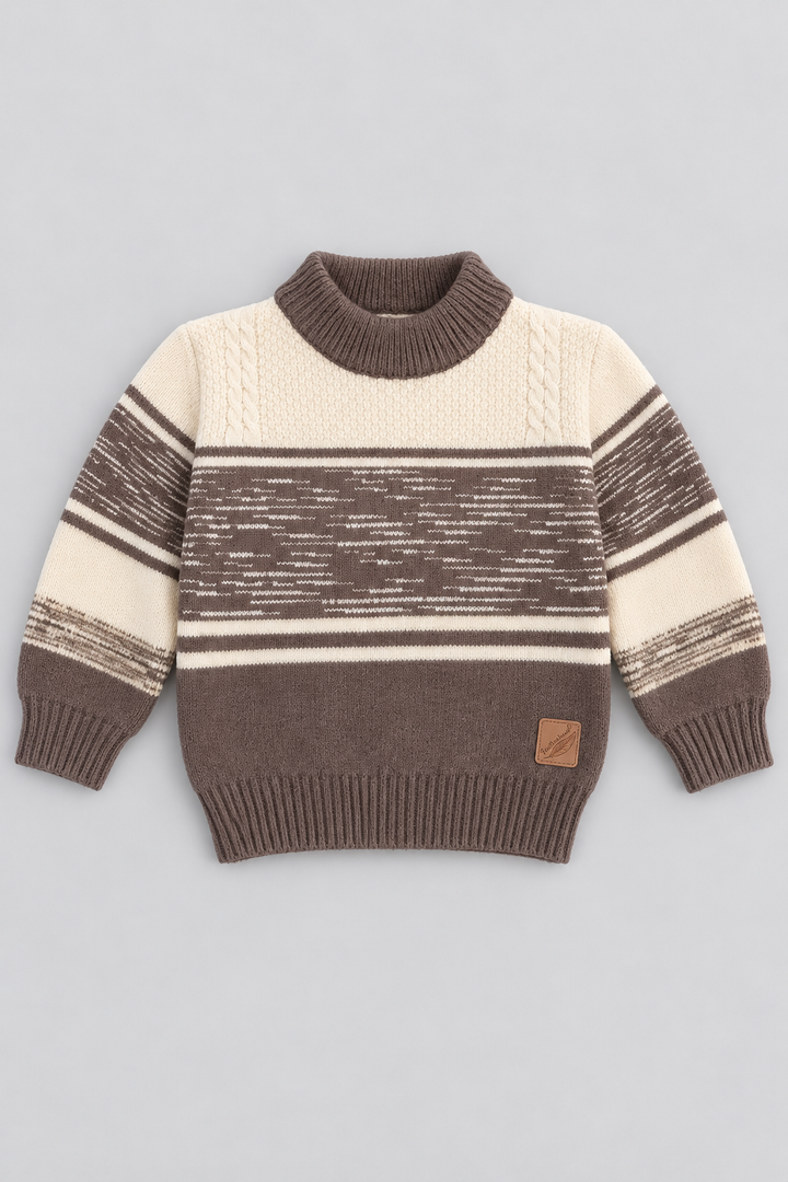 Boys chocolate brown and cream striped knit winter sweater FB-4286 by Featherhead Pakistan front view