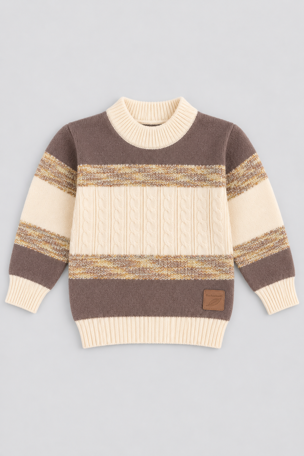 Boys chocolate brown heritage cable knit sweater FB-4276 with cream and beige stripes by Featherhead Pakistan