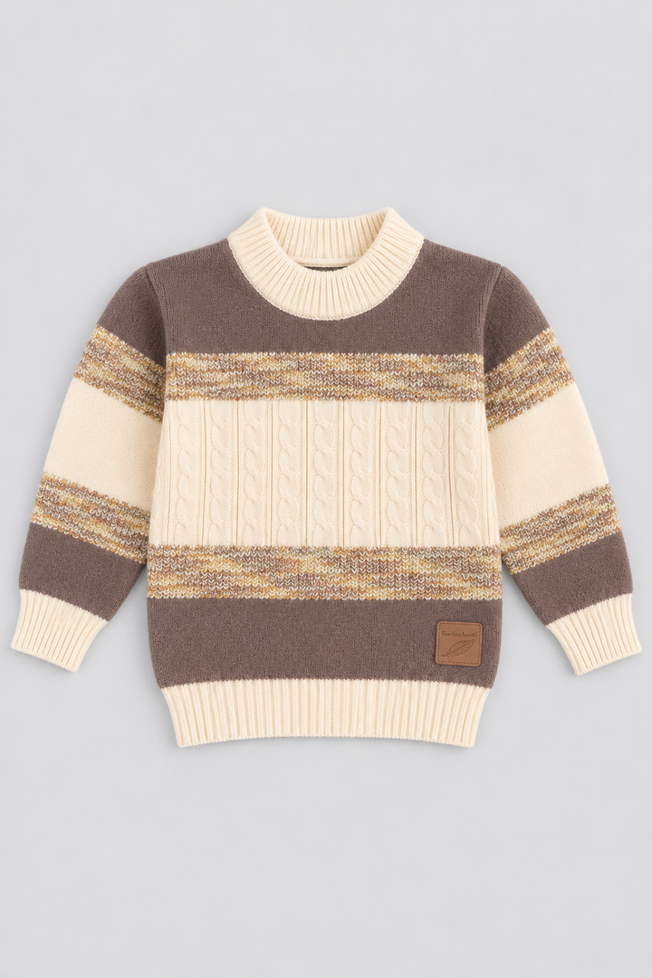 Boys chocolate brown heritage cable knit sweater FB-4276 with cream and beige stripes by Featherhead Pakistan