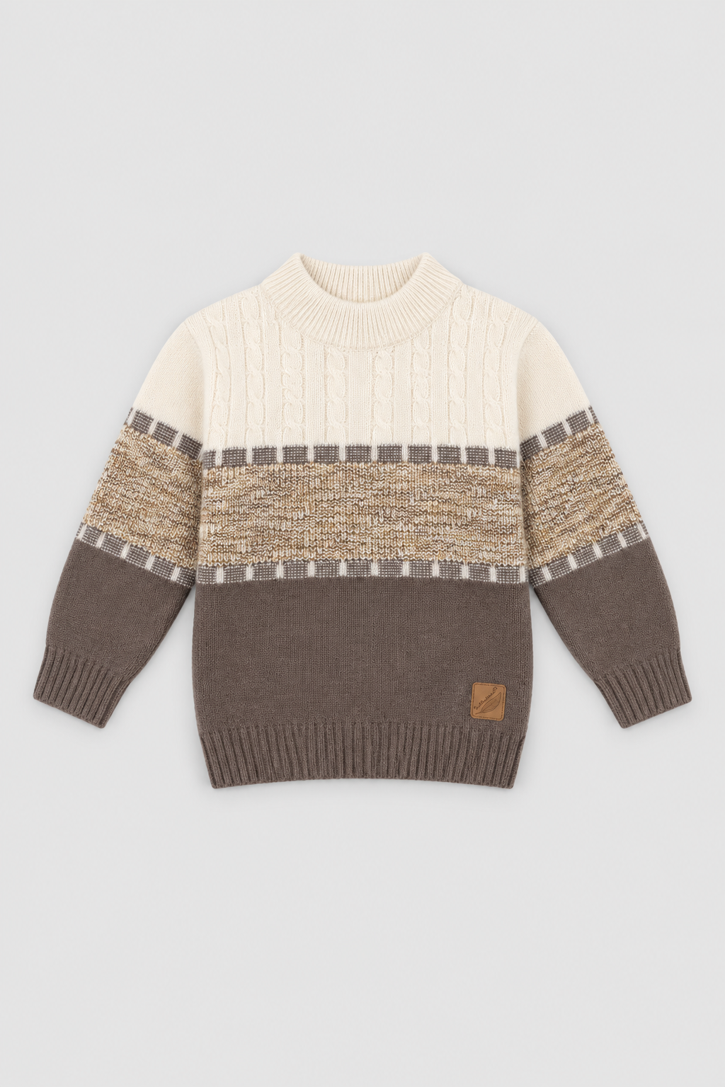 White and mocha brown heritage cable knit sweater for kids FB-4291 by Featherhead Pakistan front view