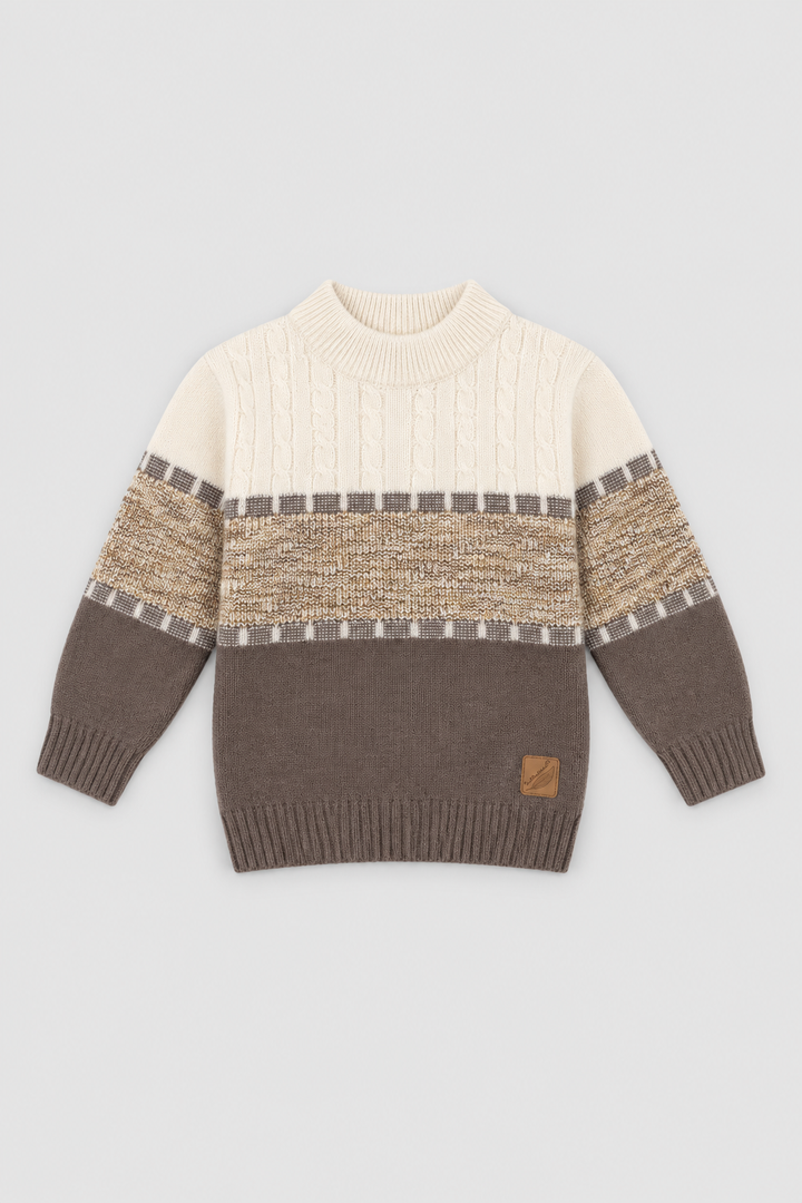 White and mocha brown heritage cable knit sweater for kids FB-4291 by Featherhead Pakistan front view