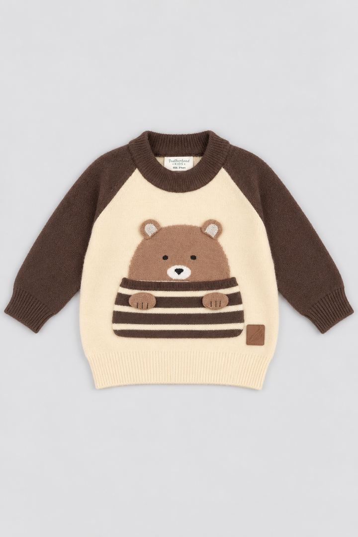 Chocolate Brown & Cream Cocoa Bear Colorblock Wool Sweater - FB-4353