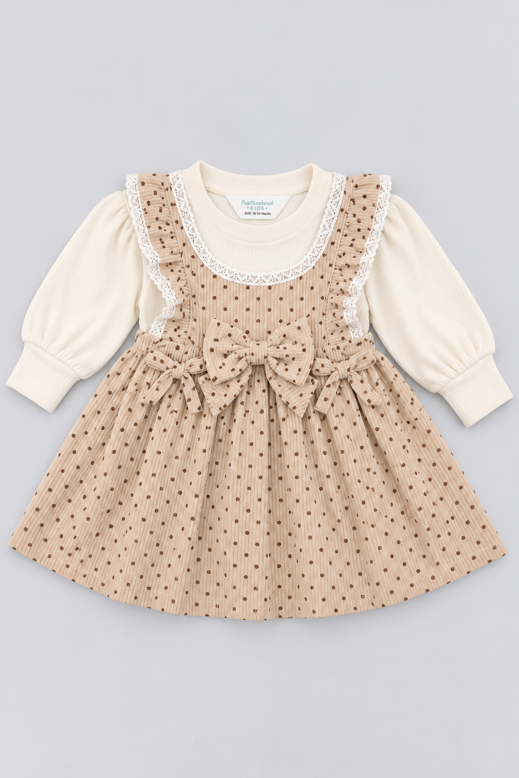 Ivory Cream Polka Dot Corduroy Frock - FG-5685