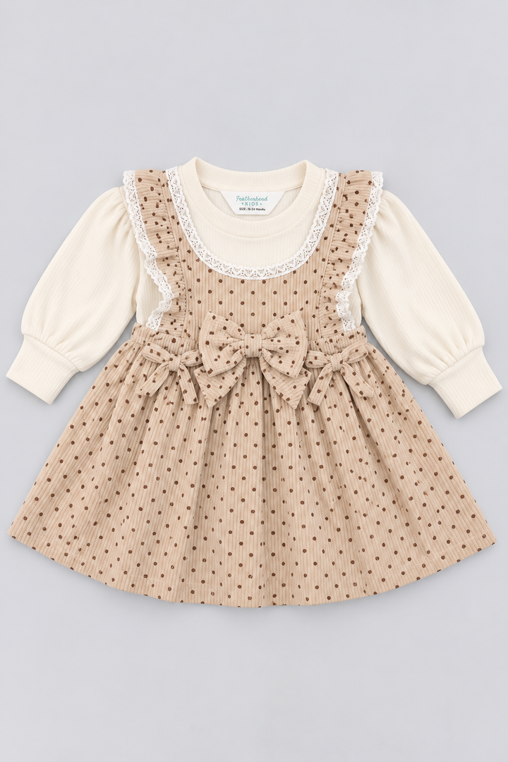Ivory Cream Polka Dot Corduroy Frock - FG-5685