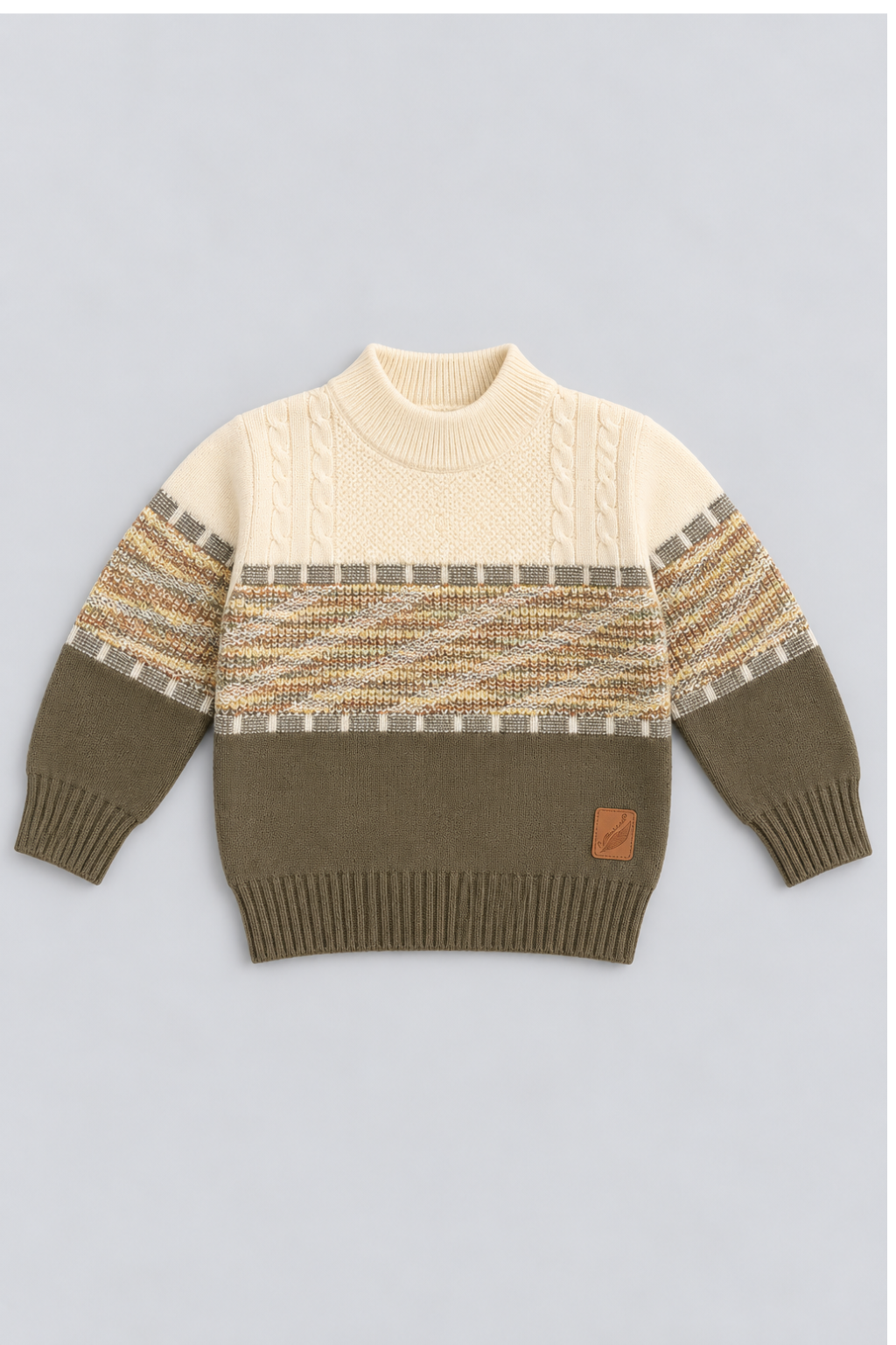 Ivory cream autumn melange cable knit sweater FB-4301 with olive green ribbed hem by Featherhead Pakistan