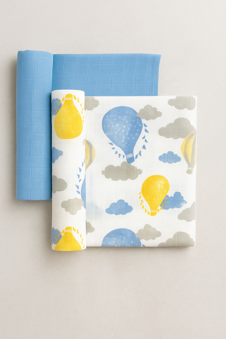 FS-508 2-pack swaddle blanket set in Blue Balloon and Faded Denim designs